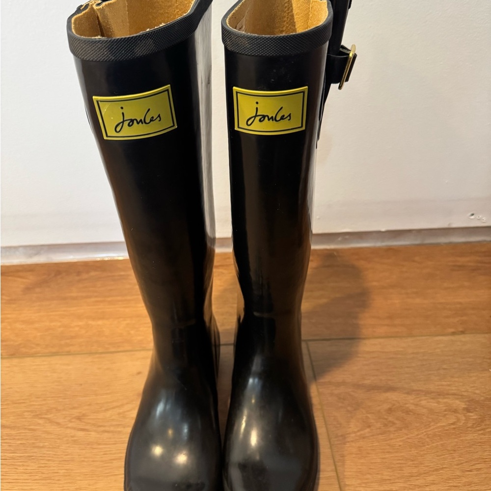 Joules Black Rain Boots with Yellow Logo